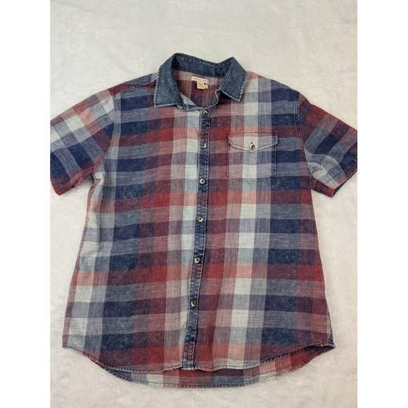 Carbon 2 Cobalt Shirt Men's L Button Up Blue Red Plaid Short Sleeve Denim Collar - Picture 2 of 8